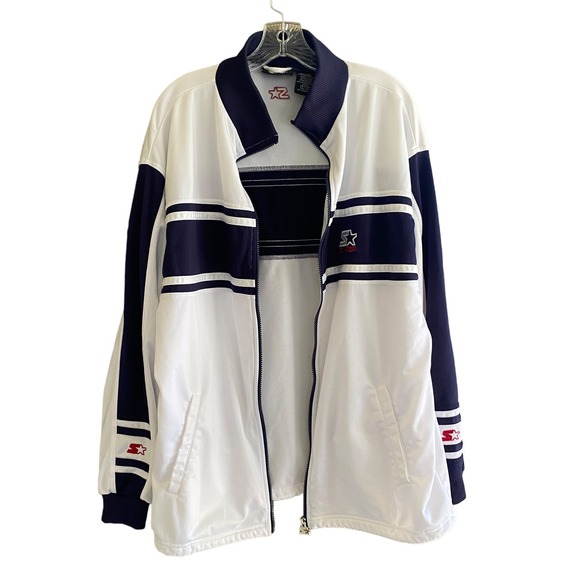 STARTER Men's Size L Jacket Athletic Zip Front White Navy Blue 100% Polyester - Picture 12 of 13
